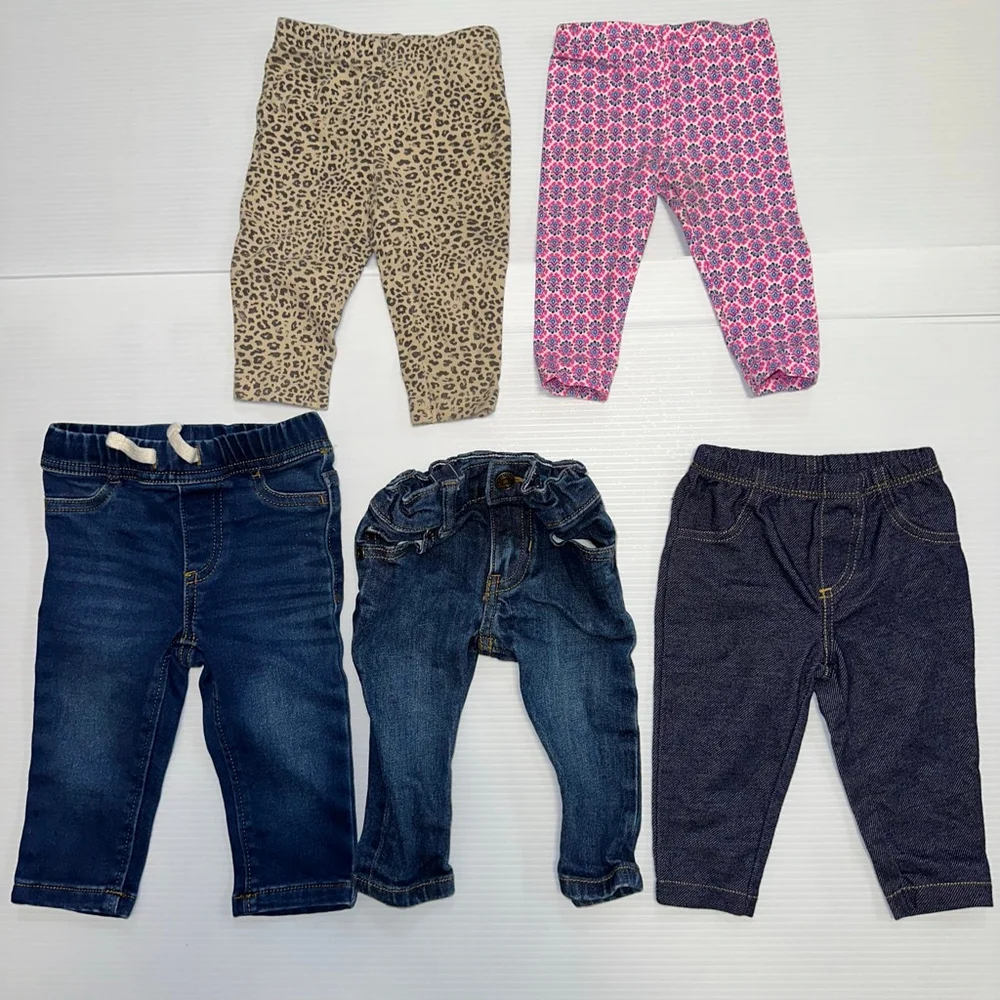 Lot of 5  Baby Girl Bottoms Bundle Casual Pants 6 Months Blue Beige Pink Jeans